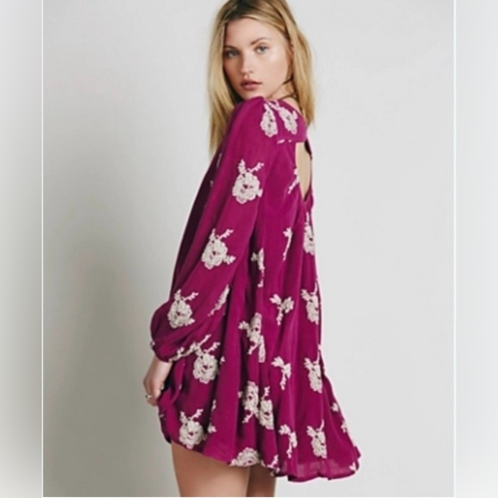 Free People Long Sleeve Floral Dress in Magenta